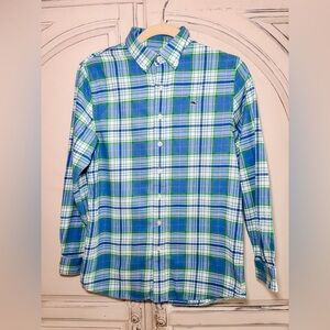 Vineyard Vines Boys Flannel Large Blue and Green Plaid Whale Shirt